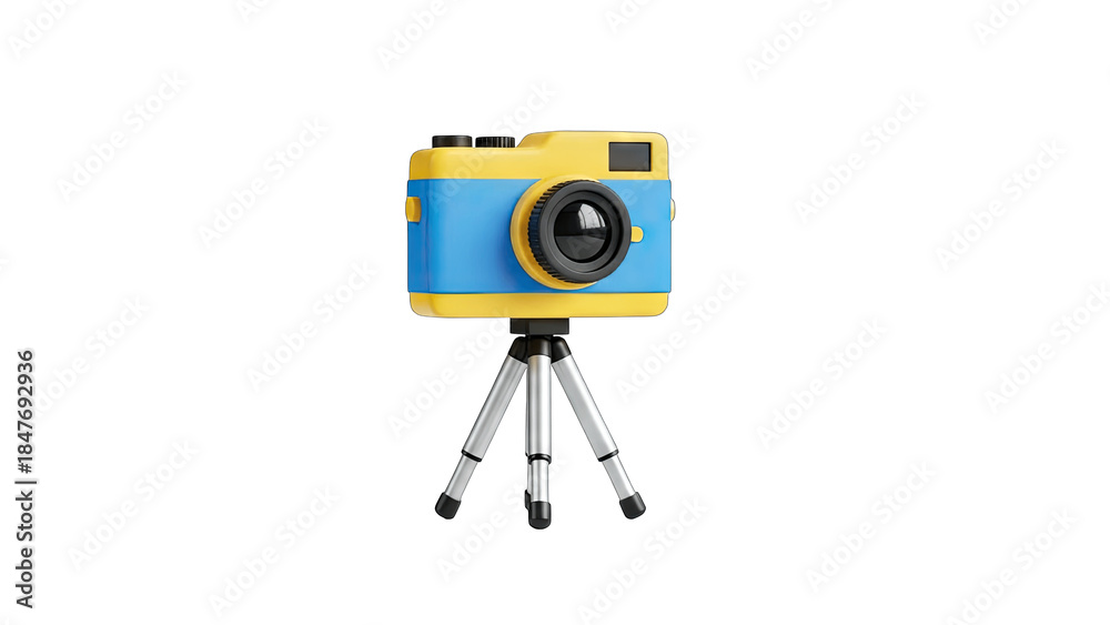 Fototapeta premium Colorful Camera on Tripod Isolated on White Background
