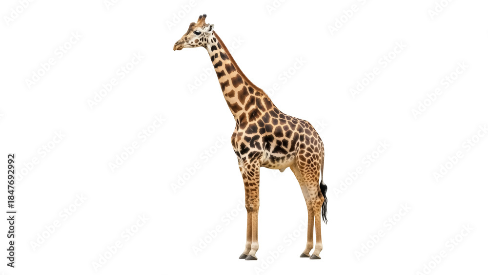 Obraz premium Isolated giraffe standing, animal with long neck, wild mammal from Africa, wild animal