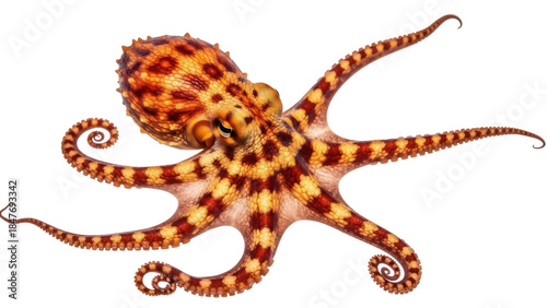 Isolated orange octopus with brown spots and eight tentacles curled on a bright stage