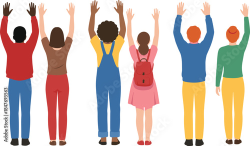 Diverse group of six cartoon men and women standing with their backs turned and hands raised up, symbolizing reaching, unity, celebration, vote, learning, and educational cooperation illustration.
