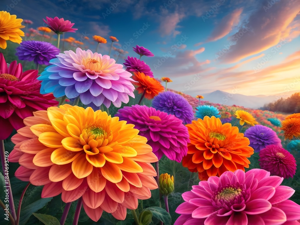 Fototapeta premium A beautiful bouquet of colorful asters with pink, purple, yellow, and red petals blooming like daisies in a garden