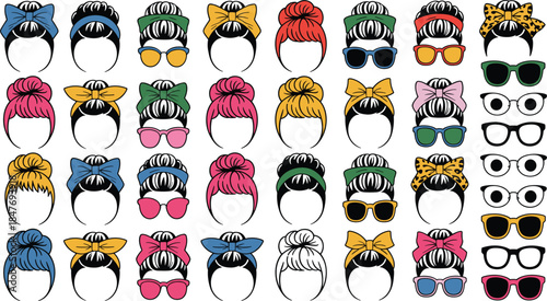 Collection of Girl Hair Bun with Bandana Colorful Vector