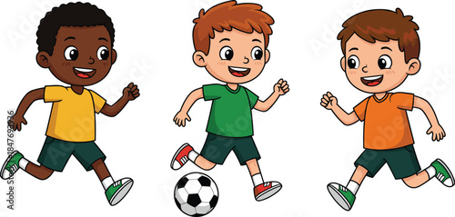 Set of three happy diverse cartoon little boys playing soccer, running and kicking the football, representing sports, teamwork, competition, friendship, fun, and childhood activity illustration.