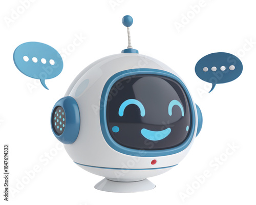 3D cute chatbot robot with glowing eyes and speech bubbles for smart messaging and digital support