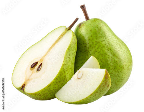  Whole Green Pear and Two Thin Pear Slices, Dynamic Angled Composition, isolated on transparent background