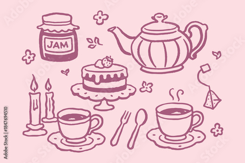 Tea set cake jam doodle sketch vector illustration