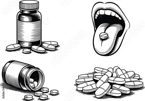 Medicine icons pills capsules tablets bottles
