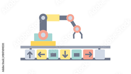 Minimalist Illustration of a Robotic Arm Operating Machinery on Assembly Line