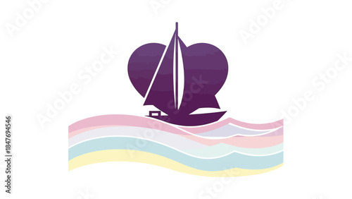 Minimalist Illustration of a Sailboat with Heart-Shaped Wind Icon on Calm Water in Soft Pastel