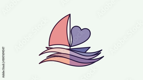 Minimalist Illustration of a Sailboat with a Heart-Shaped Sail in Soft Pastel Colors for Nautical
