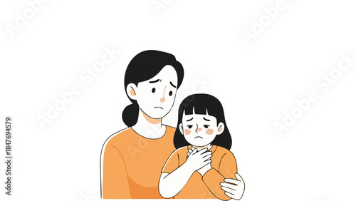Concerned Mother Comforts Sad Child Experiencing Chest Pain or Anxiety Illustration