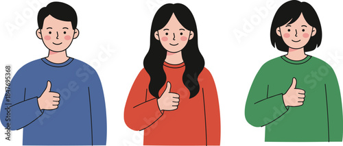 Group of diverse friendly cartoon young people, two women and one man, standing together and happily giving thumbs up gesture for success, agreement, approval, and satisfaction.