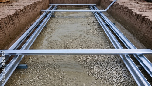 Top view of swimming pool construction with trench, galvanized metal guides, gravel and prepared soil, illustrating early stage of pool building and structural foundation work