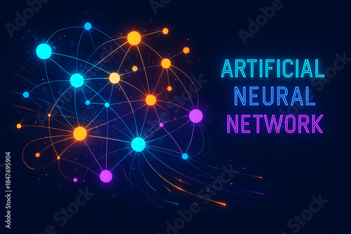 Conceptual digital background of artificial neural network showing glowing data nodes and connections in machine learning graphic