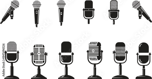 A comprehensive collection of diverse microphone icons and silhouettes representing audio recording technology