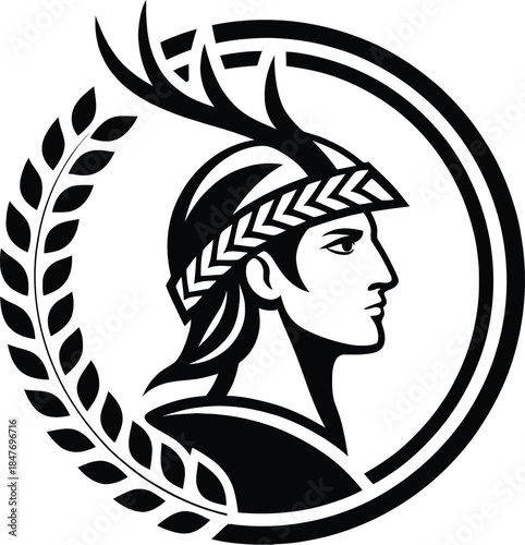 Stylized profile of a warrior with antlers in a laurel wreath emblem