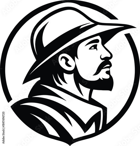 Black and white logo of a man in a widebrimmed hat in profile