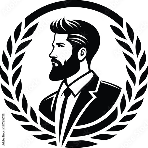 Stylish man with beard and pompadour hairstyle in laurel wreath emblem