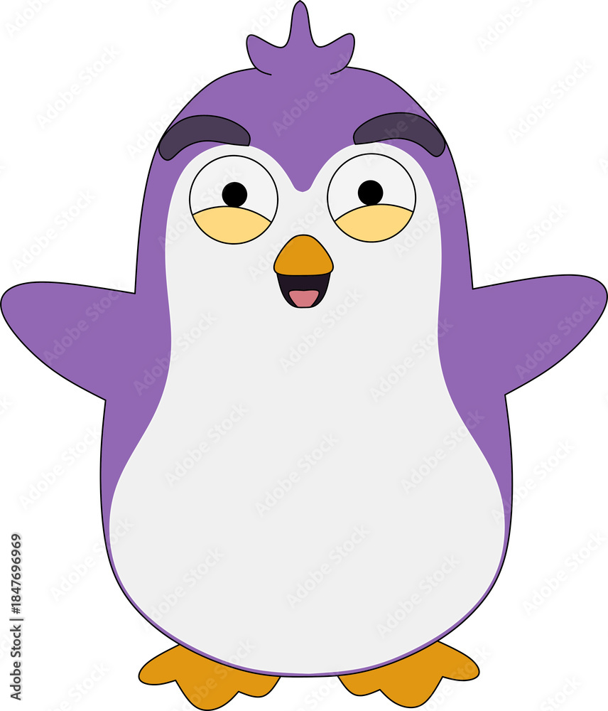 Fototapeta premium Happy Purple Cartoon Penguin Character with Open Arms