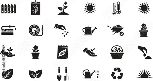 Collection of essential gardening and horticulture flat vector icons representing planting growing tools and nature elements for outdoor activities