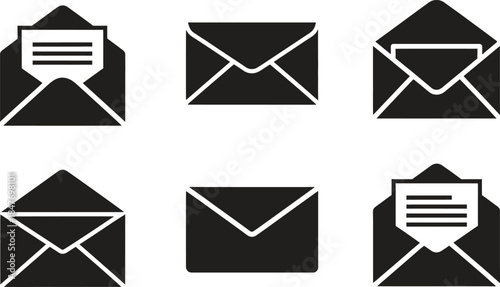 Collection of six minimalist black envelope mail icons representing communication and digital messaging concepts