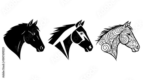 Stylized Horse Heads in Line, Angular, Ornamental, and Detailed Artistic  Designs