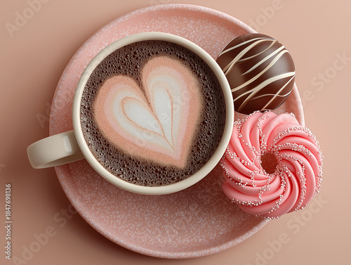 Cup of coffee with a foam heart and petit fours with a light pink and brown color scheme