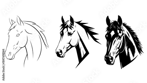 Stylized Horse Heads in Line, Angular, Ornamental, and Detailed Artistic  Designs