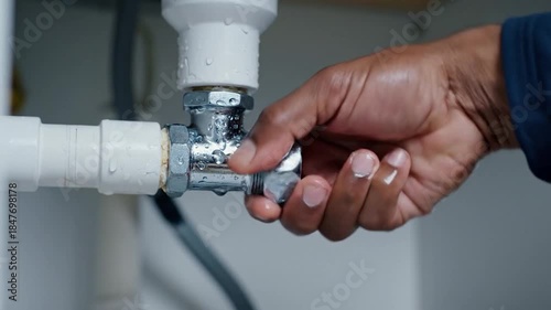 Hand adjusting leaky pipe fitting with water dripping from plumbing connection in home