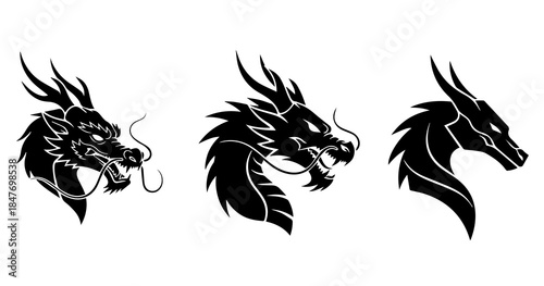 Stylized Dragon Heads in Eastern, Aggressive, and Futuristic Designs on Transparent Background