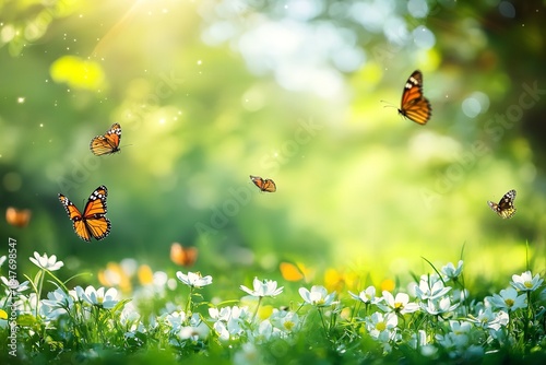 Monarch Butterflies Flying Over White Wildflowers in a Green Meadow with Sunlight and Blurred Background