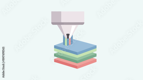 Minimalist illustration of an industrial hot glue gun applying adhesive to colorful fabric layers