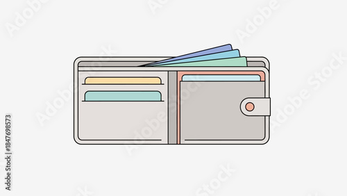 Minimalist illustration of an open wallet with colorful banknotes and card slots for financial