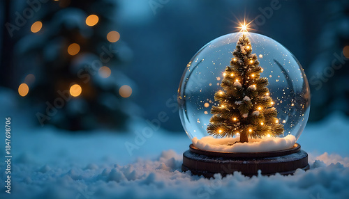 Christmas tree inside a snow globe, perched on a snowy surface with a warm, golden glow, 4K and HD image