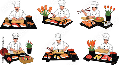 Professional Japanese Sushi Chef Preparing Nigiri and Maki Rolls, Cooking Set, Restaurant Culinary Art, Asian Cuisine Flat Cartoon Vector Illustration Collection