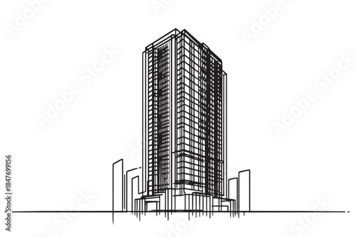 abstract line sketch high-rise building on white background