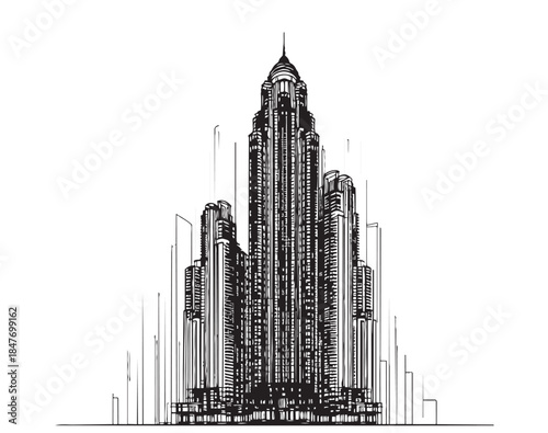 abstract line sketch high-rise building on white background