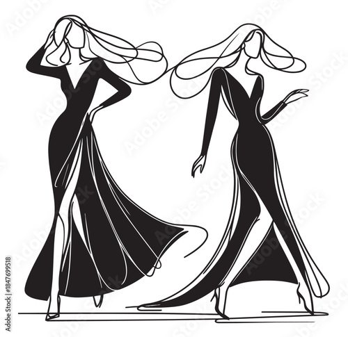 Girl in long black dress. Abstract Fashion sketch