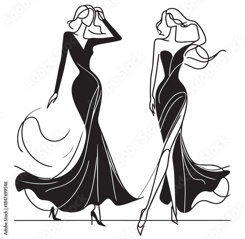 Girl in long black dress. Fashion sketch