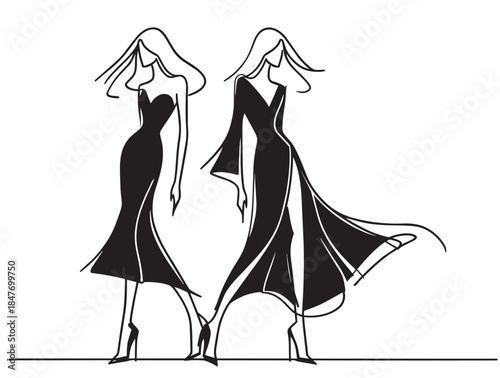 Girl in long black dress. Abstract Fashion sketch