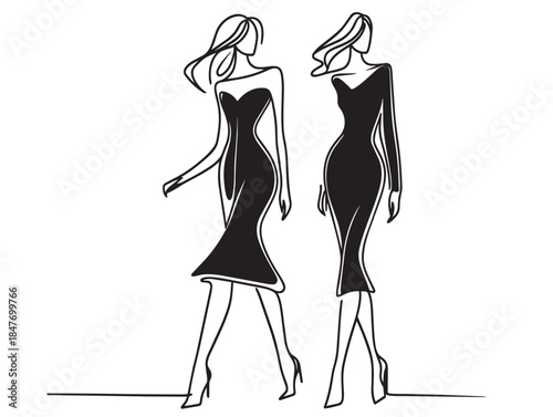 Girl in long black dress. Abstract Fashion sketch