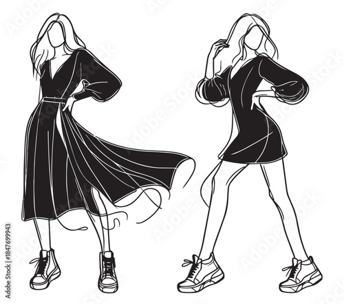 Girl in long black dress. Abstract Fashion sketch