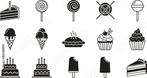 Delicious sweet dessert and candy icons featuring cakes lollipops ice cream and baked goods vector illustration set