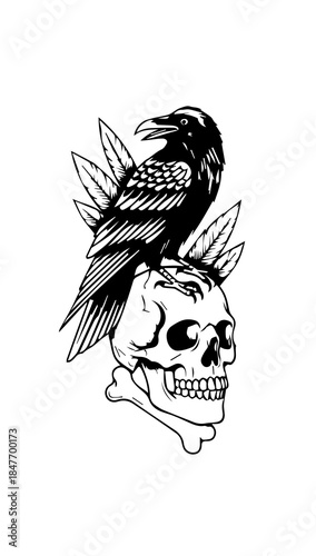 Raven ( Crow ) Perched on a Skull with Stylized Leaves and Crossbone Motif
