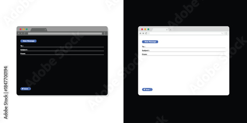 Email and messaging interface. Mail client new message window desktop user interface layout vector UI template illustration set. Light mode and dark mode