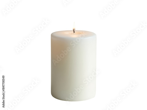 A single white candle illuminated against a clean white background, perfect for minimalist designs and calm environments.transparent background