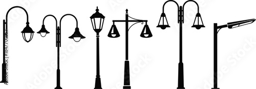 Street light silhouette collection featuring modern and vintage outdoor lamp posts, decorative urban lighting designs for illustration, architecture and graphic projects