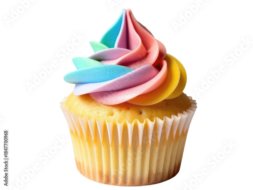 A colorful cupcake with rainbow frosting on top.transparent background