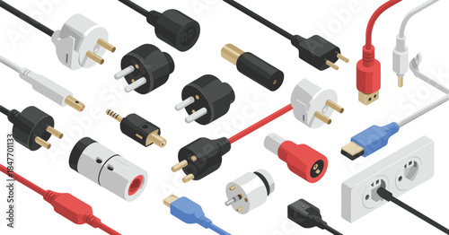 Colorful audio jack connectors isolated on white background, gold plated 3.5mm headphone plugs for sound and music equipment