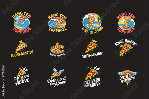 Pizza slice illustrations with surfing, robot and angel themes wave beach